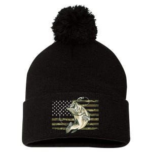 Fishing Camouflage US American Flag Bass Fish Fisherman Camo Pom Pom 12in Knit Beanie