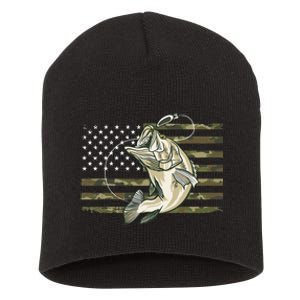 Fishing Camouflage US American Flag Bass Fish Fisherman Camo Short Acrylic Beanie