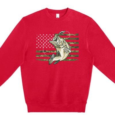 Fishing Camouflage US American Flag Bass Fish Fisherman Camo Premium Crewneck Sweatshirt