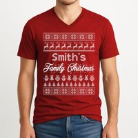 Custom Family Christmas Ugly Sweater Personalized V-Neck T-Shirt