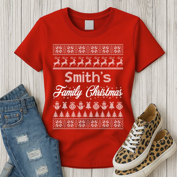 Custom Family Christmas Ugly Sweater Personalized Womens T-Shirt