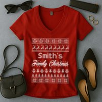 Custom Family Christmas Ugly Sweater Personalized Women's V-Neck T-Shirt