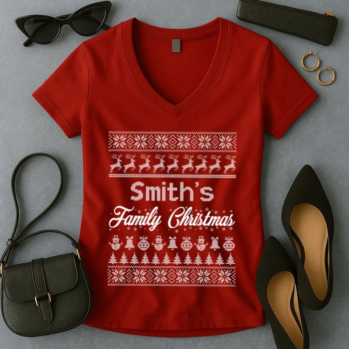 Custom Family Christmas Ugly Sweater Personalized Women's V-Neck T-Shirt