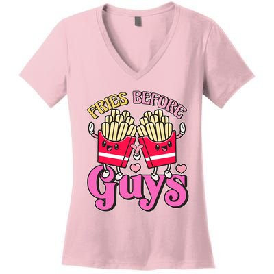 Funny Cute Valentines Day Fries Before Guys Women's V-Neck T-Shirt