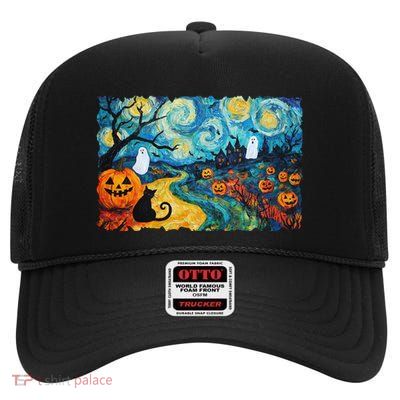 Funny Classic Van Gogh Inspired Halloween Scene High Crown Mesh Back Trucker Hat