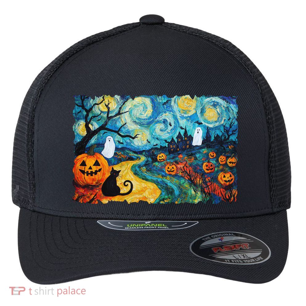 Funny Classic Van Gogh Inspired Halloween Scene Flexfit Unipanel Trucker Cap