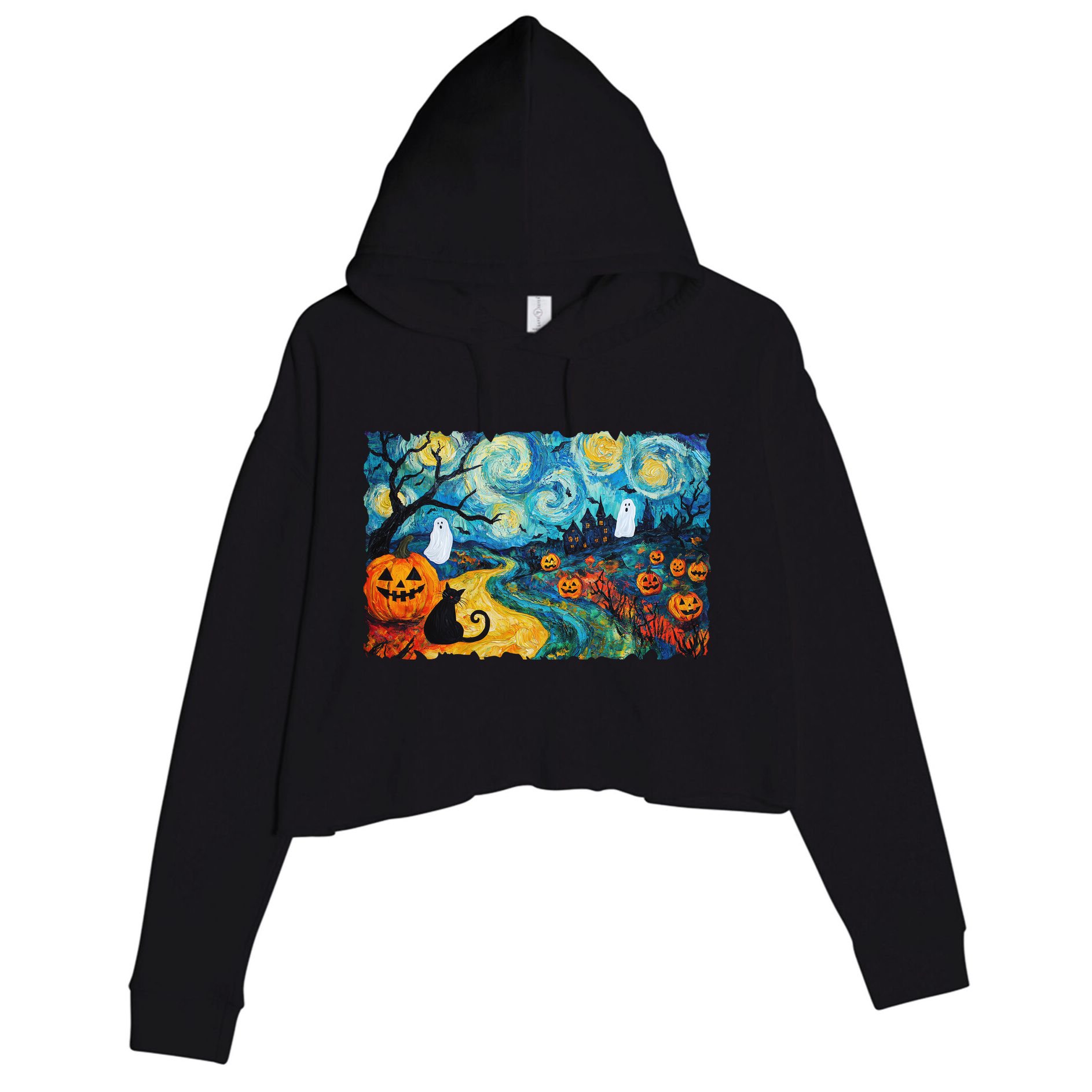 Funny Classic Van Gogh Inspired Halloween Scene Crop Fleece Hoodie