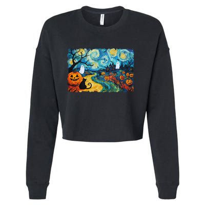 Funny Classic Van Gogh Inspired Halloween Scene Cropped Pullover Crew