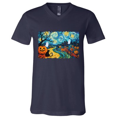 Funny Classic Van Gogh Inspired Halloween Scene V-Neck T-Shirt