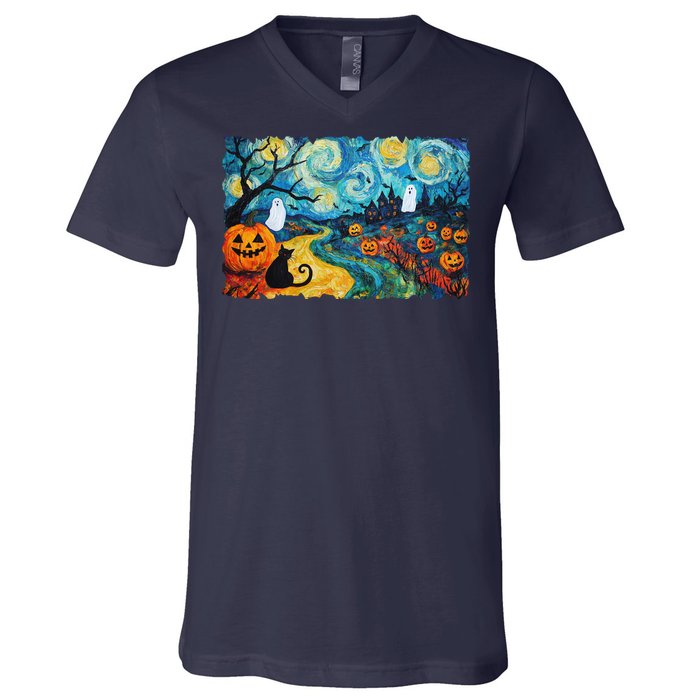 Funny Classic Van Gogh Inspired Halloween Scene V-Neck T-Shirt