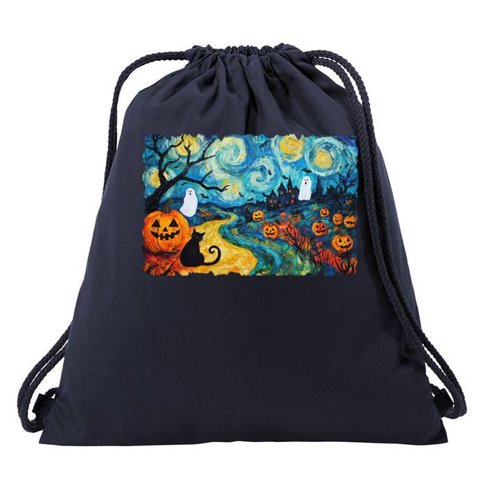 Funny Classic Van Gogh Inspired Halloween Scene Drawstring Bag