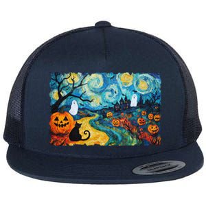 Funny Classic Van Gogh Inspired Halloween Scene Flat Bill Trucker Hat