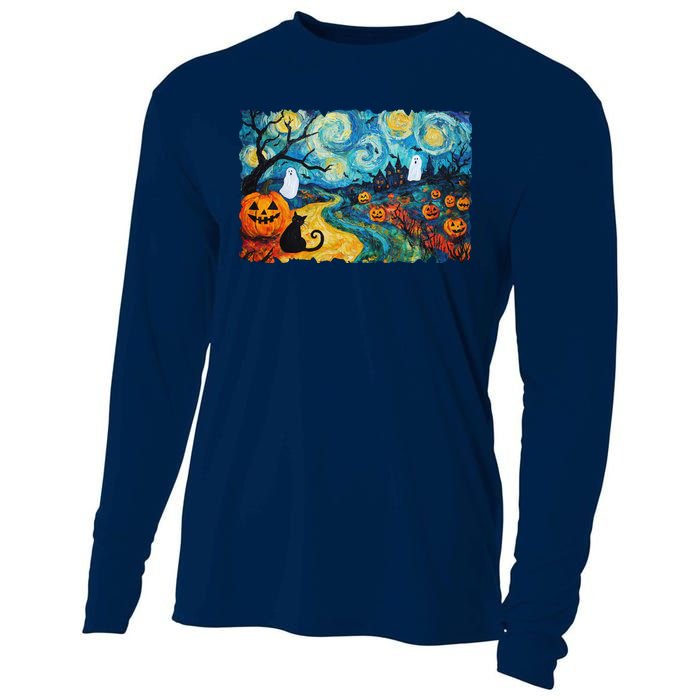 Funny Classic Van Gogh Inspired Halloween Scene Cooling Performance Long Sleeve Crew