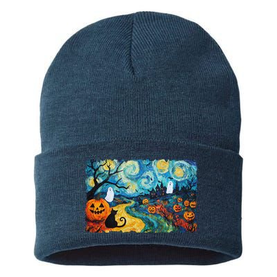 Funny Classic Van Gogh Inspired Halloween Scene Sustainable Knit Beanie