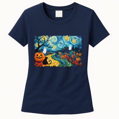 Funny Classic Van Gogh Inspired Halloween Scene Womens T-Shirt