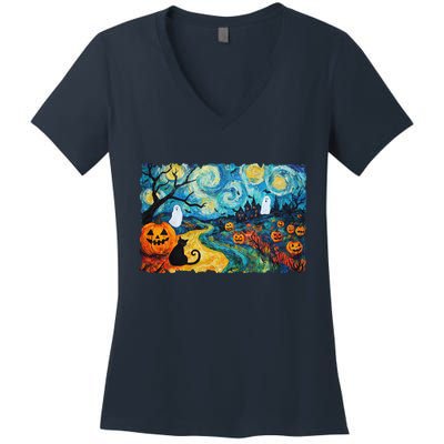 Funny Classic Van Gogh Inspired Halloween Scene Women's V-Neck T-Shirt