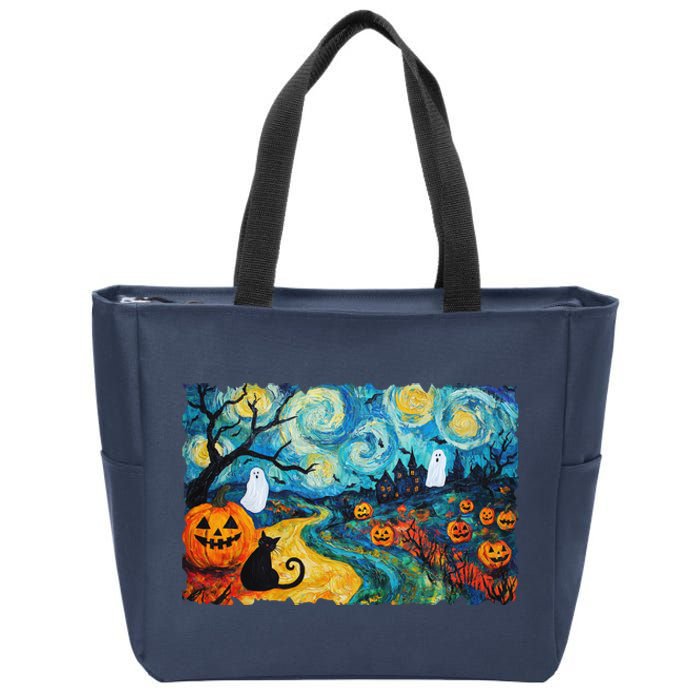 Funny Classic Van Gogh Inspired Halloween Scene Zip Tote Bag