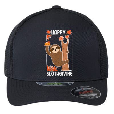 Funny Cute Vintage Thanksgiving Happy Sloth Autumn Leaves Flexfit Unipanel Trucker Cap