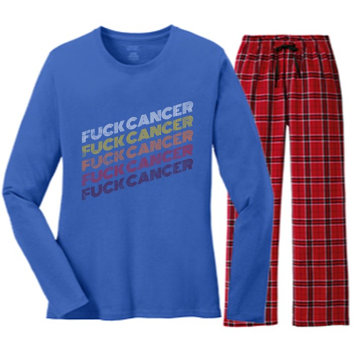 Fuck Cancer Vintage Retro Breast Cancer Awareness Gift Cool Gift Women's Long Sleeve Flannel Pajama Set 