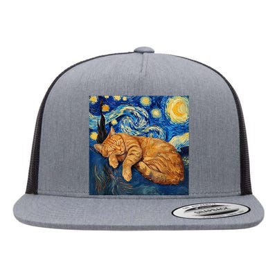 Funny Cat Van Gogh Starry Night Flat Bill Trucker Hat