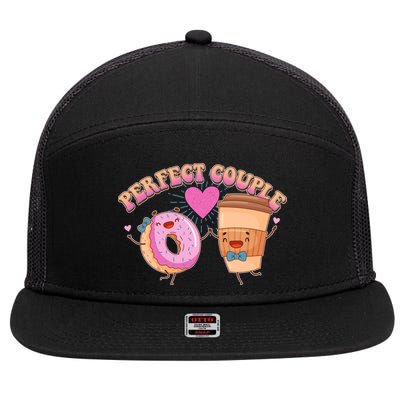 Funny Cute Valentines Day Perfect Couple Donut And Coffee 7 Panel Mesh Trucker Snapback Hat