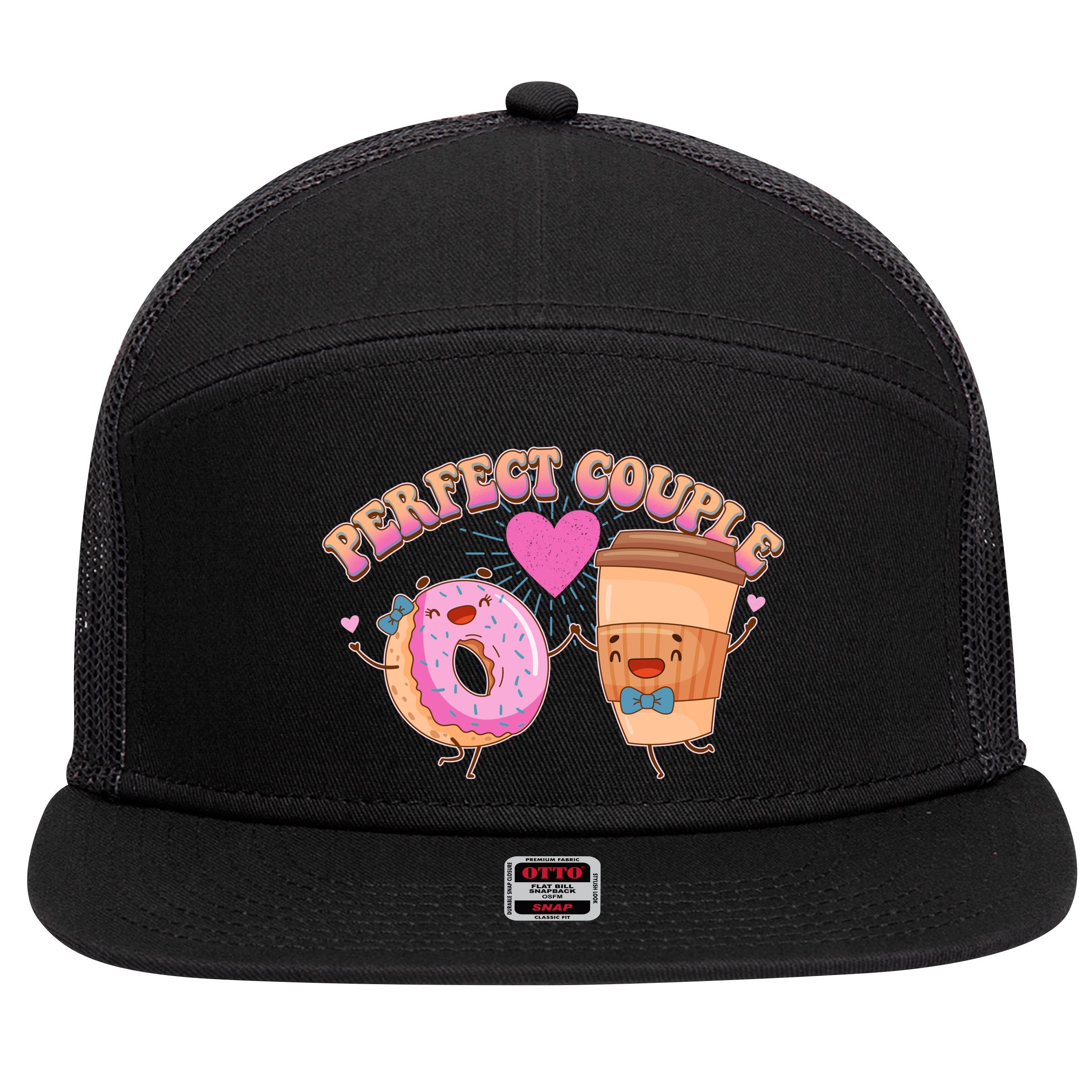 Funny Cute Valentines Day Perfect Couple Donut And Coffee 7 Panel Mesh Trucker Snapback Hat