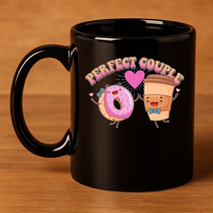 Funny Cute Valentines Day Perfect Couple Donut And Coffee 11oz C Handle Ceramic Mug