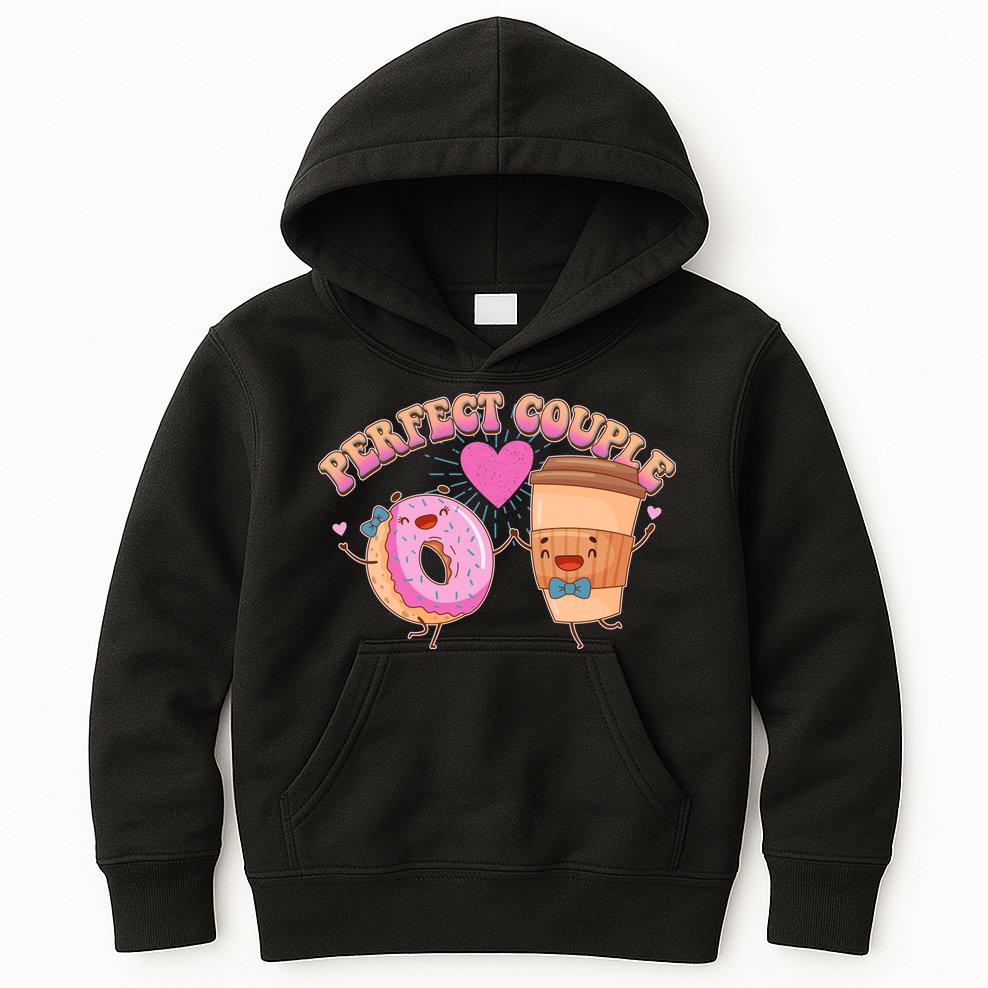 Funny Cute Valentines Day Perfect Couple Donut And Coffee Kids Hoodie