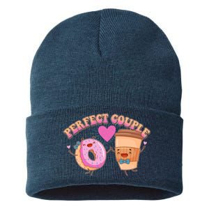 Funny Cute Valentines Day Perfect Couple Donut And Coffee Sustainable Knit Beanie