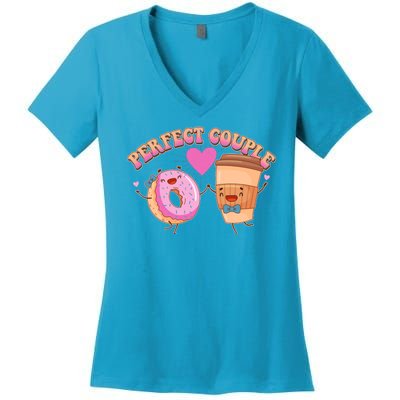 Funny Cute Valentines Day Perfect Couple Donut And Coffee Women's V-Neck T-Shirt