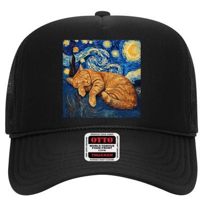 Funny Cat Van Gogh Starry Night High Crown Mesh Back Trucker Hat