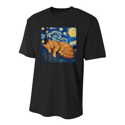 Funny Cat Van Gogh Starry Night Youth Performance Sprint T-Shirt