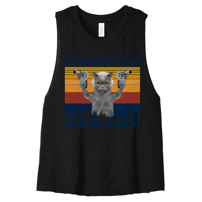 Funny Cat Vintage Pewpewpew Madafakas Cat Crazy Pew Vintage Women's Racerback Cropped Tank