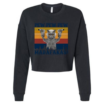 Funny Cat Vintage Pewpewpew Madafakas Cat Crazy Pew Vintage Cropped Pullover Crew