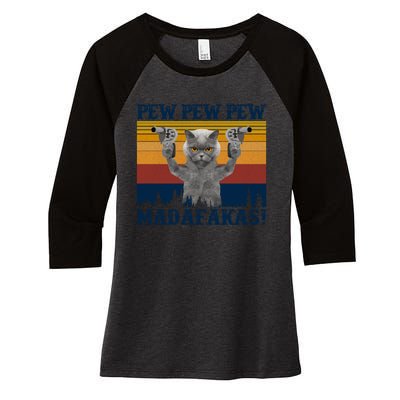 Funny Cat Vintage Pewpewpew Madafakas Cat Crazy Pew Vintage Women's Tri-Blend 3/4-Sleeve Raglan Shirt