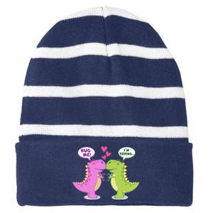 Funny Cute Valentines Day T Rex Dinosaurs Hug Striped Beanie with Solid Band