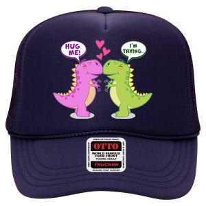 Funny Cute Valentines Day T Rex Dinosaurs Hug High Crown Mesh Back Trucker Hat