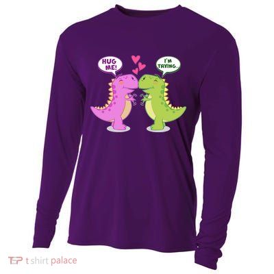 Funny Cute Valentines Day T Rex Dinosaurs Hug Cooling Performance Long Sleeve Crew