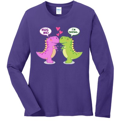 Funny Cute Valentines Day T Rex Dinosaurs Hug Ladies Long Sleeve Shirt