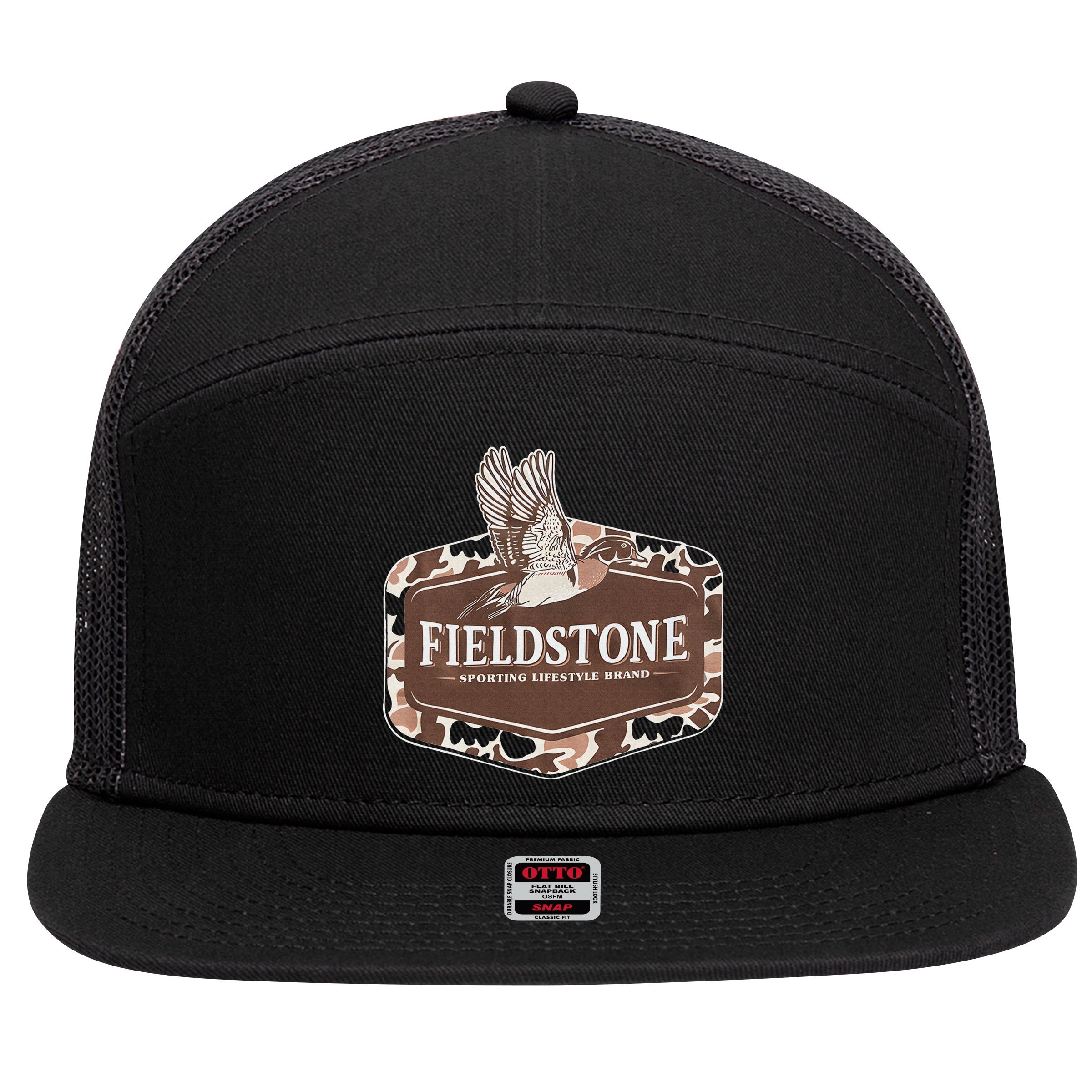 Fieldstone Camo Wood Duck 7 Panel Mesh Trucker Snapback Hat