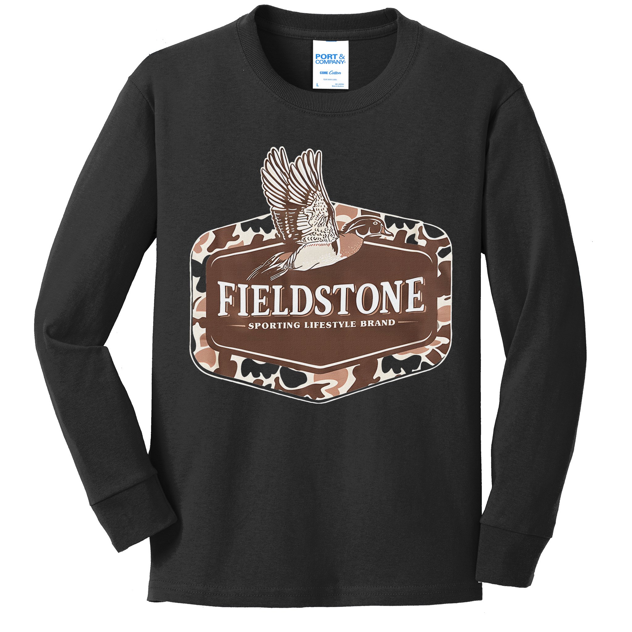 Fieldstone Camo Wood Duck Kids Long Sleeve Shirt