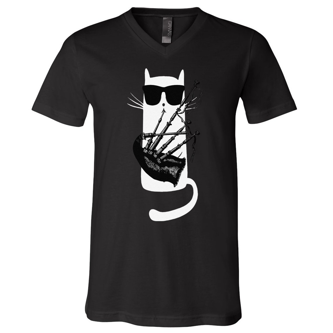 Funny Cat Wearing Sunglasses Playing Bagpipes V-Neck T-Shirt