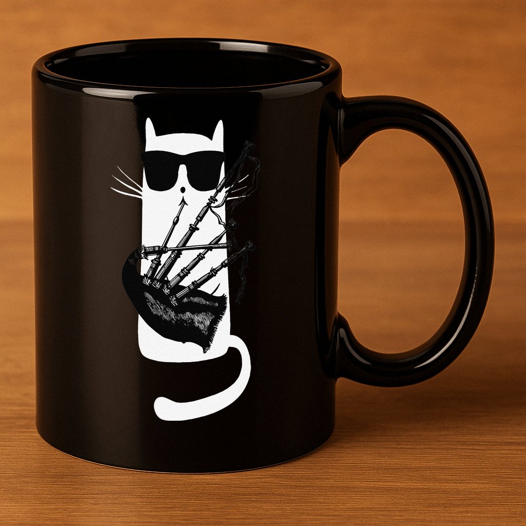 Funny Cat Wearing Sunglasses Playing Bagpipes 11oz C Handle Ceramic Mug