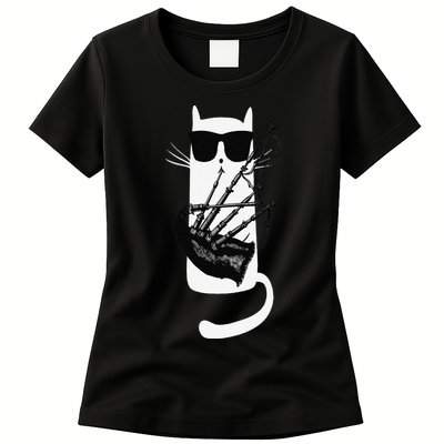 Funny Cat Wearing Sunglasses Playing Bagpipes Womens T-Shirt