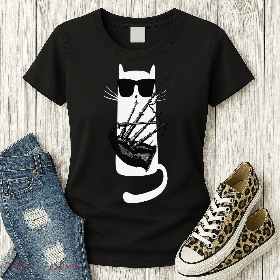 Funny Cat Wearing Sunglasses Playing Bagpipes Womens T-Shirt
