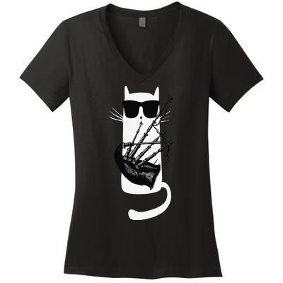 Funny Cat Wearing Sunglasses Playing Bagpipes Women's V-Neck T-Shirt