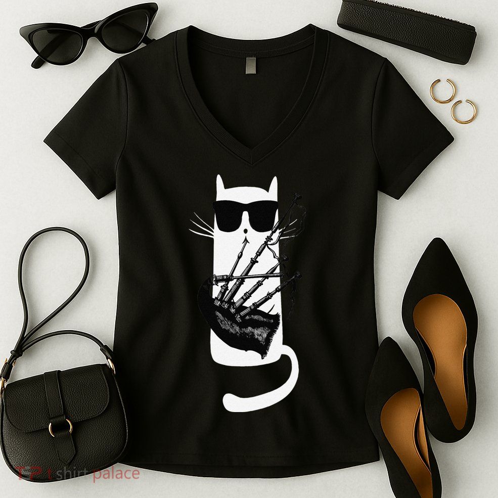 Funny Cat Wearing Sunglasses Playing Bagpipes Women's V-Neck T-Shirt