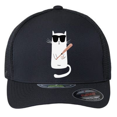 Funny Cat Wearing Sunglasses Playing Baseball Flexfit Unipanel Trucker Cap