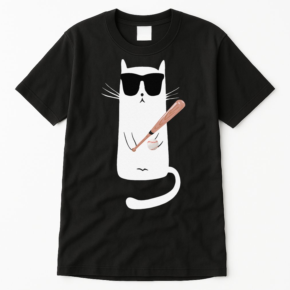 Funny Cat Wearing Sunglasses Playing Baseball Tall T-Shirt