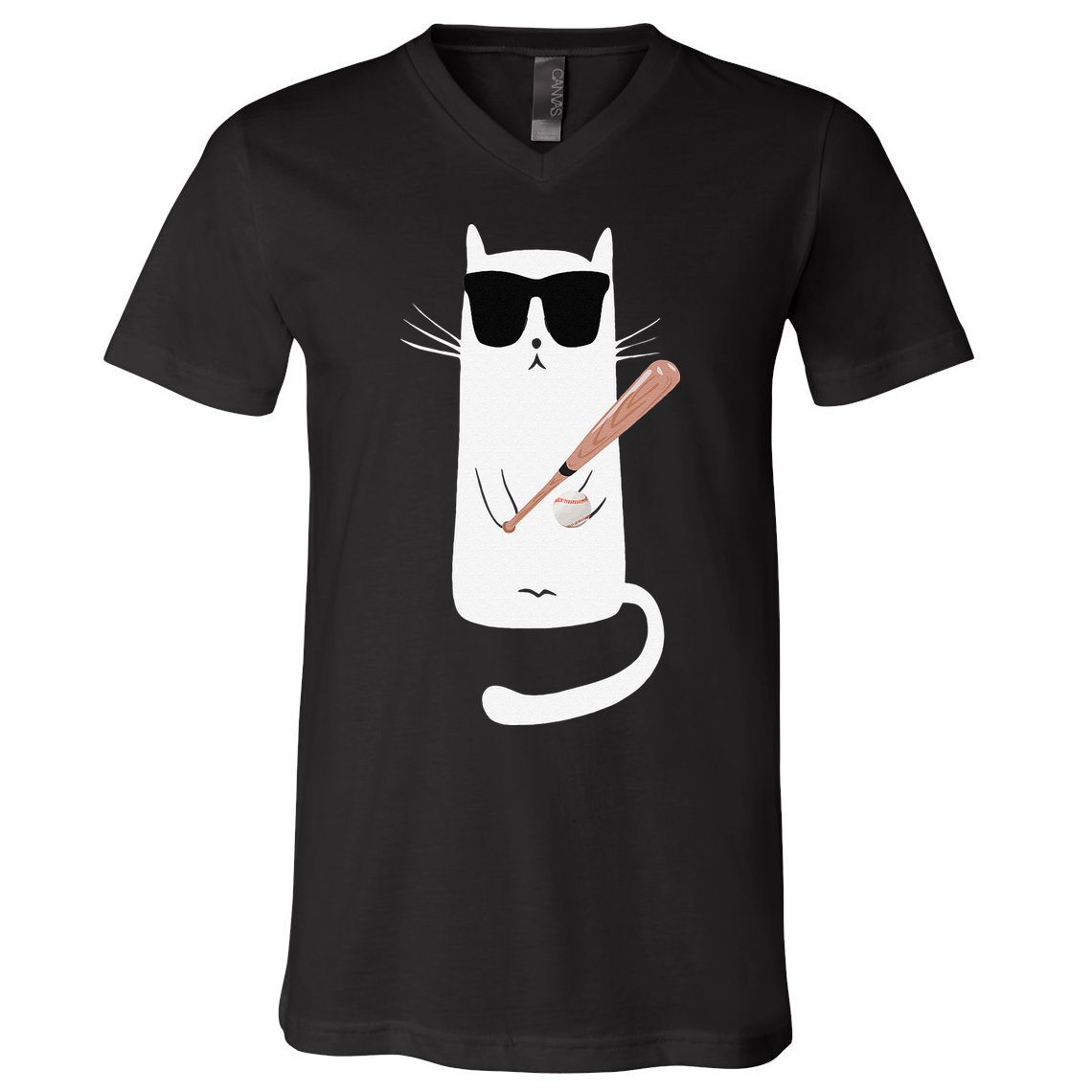 Funny Cat Wearing Sunglasses Playing Baseball V-Neck T-Shirt